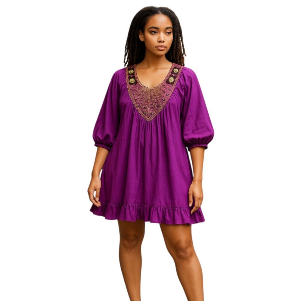 Ashro Maxi Dress Womens XL Purple Beaded Embroidered Balloon Sleeve Boho
